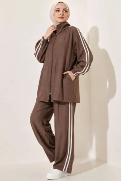 Zippered Striped Detail Two-Piece Set Brown