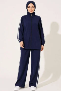 Zippered Striped Detail Two-Piece Set Navy Blue