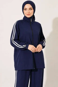 Alternative view of Zippered Striped Detail Two-Piece Set Navy Blue