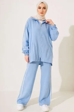 Zippered Striped Detail Two-Piece Set Blue