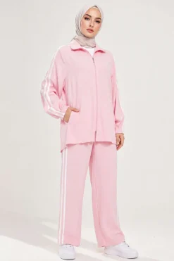 Zippered Striped Detail Two-Piece Set Pink
