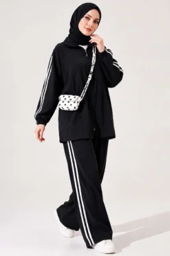Zippered Striped Detail Two-Piece Set Black