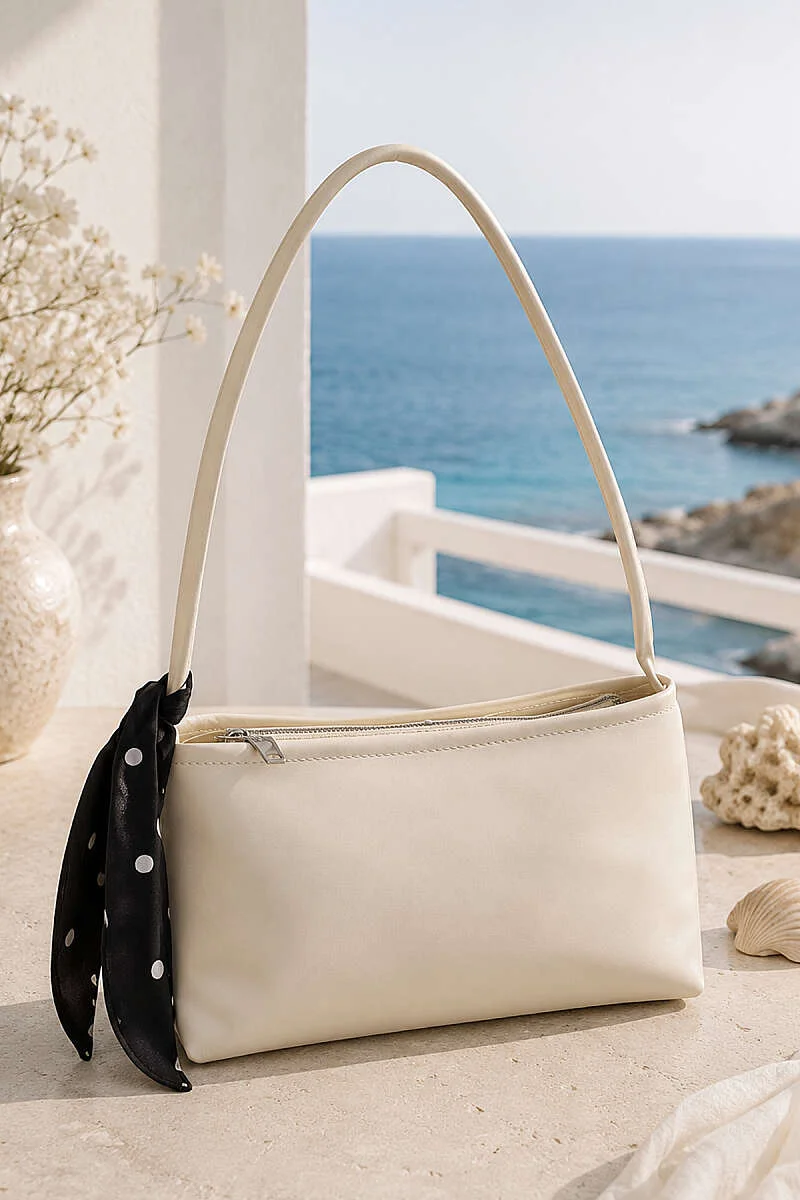 Zippered Scarf-Detail Arm Bag Cream