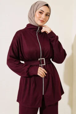 Alternative view of Zippered Square Belted Two-Piece Set Burgundy