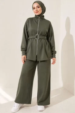 Zippered Square Belted Two-Piece Set Khaki