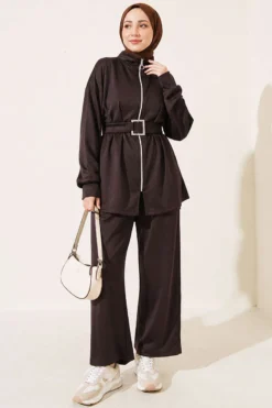 Zippered Square Belted Two-Piece Set Brown