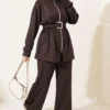 Zippered Square Belted Two-Piece Set Brown – Bild 3