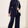 ⁦Zippered Square Belted Two-Piece Set Navy Blue⁩ - الصورة ⁦3⁩