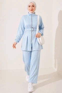 Zippered Square Belted Two-Piece Set Blue