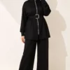 Zippered Square Belted Two-Piece Set Black