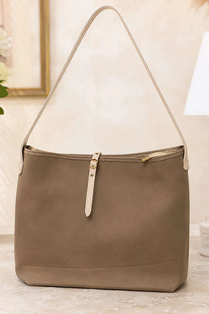 Zippered Suede Tote Bag Beige