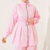 Zippered Square Belted Two-Piece Set Pink