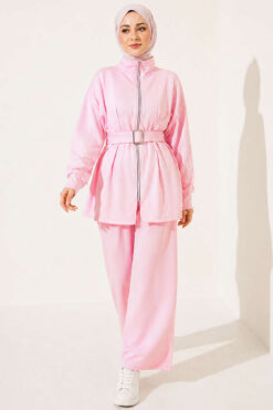 Alternative view of Zippered Square Belted Two-Piece Set Pink