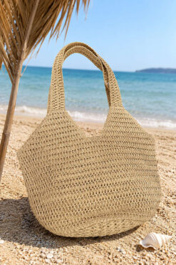 Zippered Long Handle Straw Bag Beige