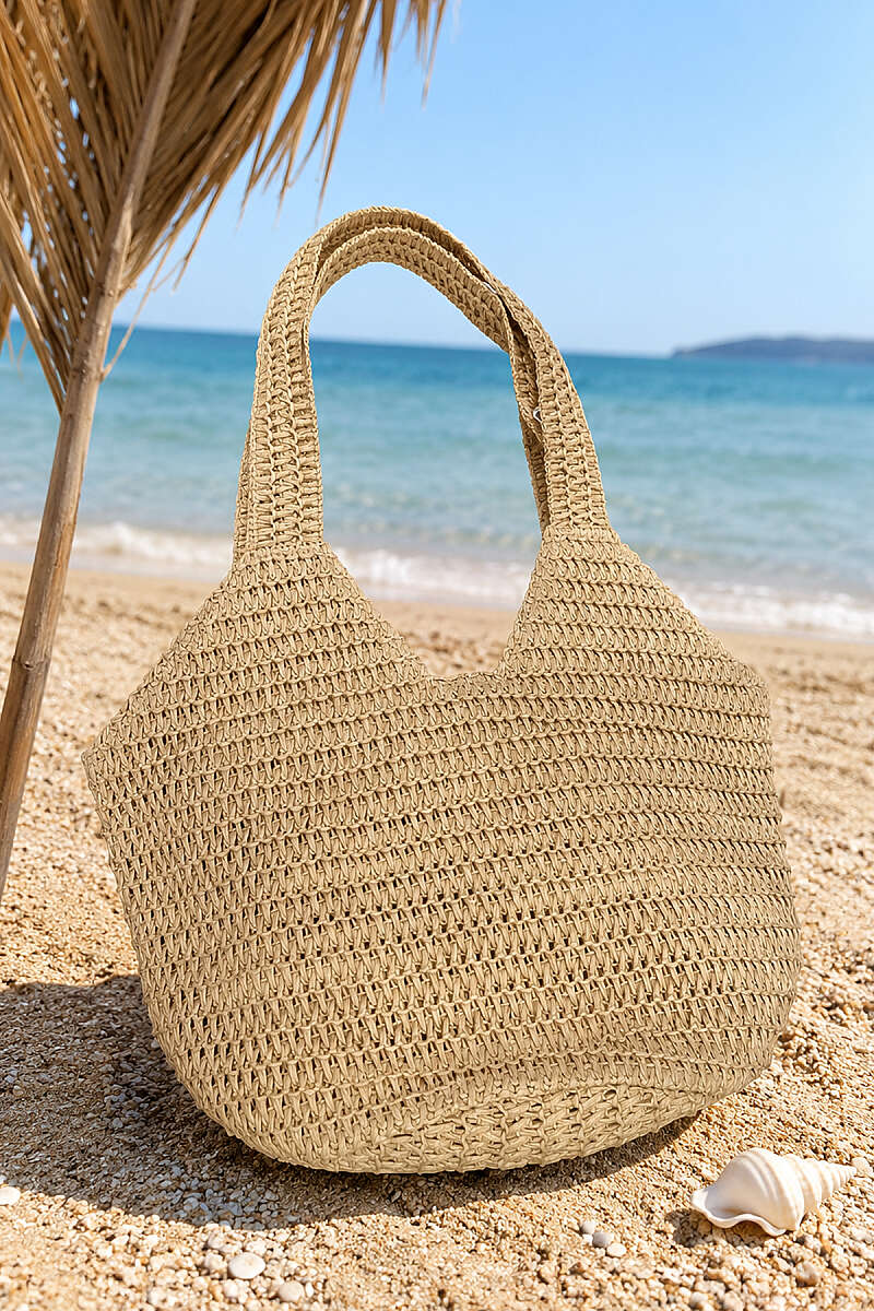 Zippered Long Handle Straw Bag Beige