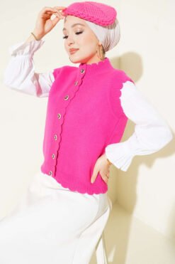 Ruffled Detail Button-Up Knit Vest Fuchsia