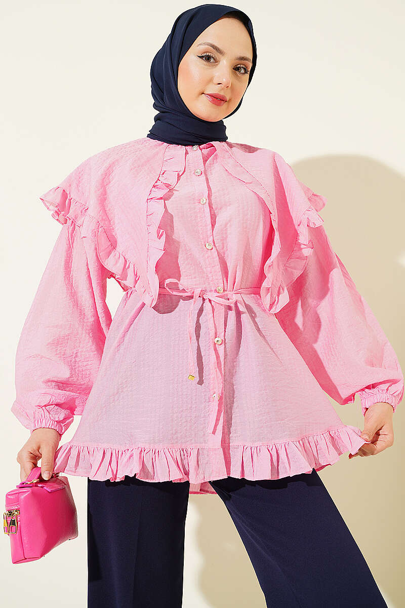 Ruffled Sailor Collar Tie Belt Shirt Pink