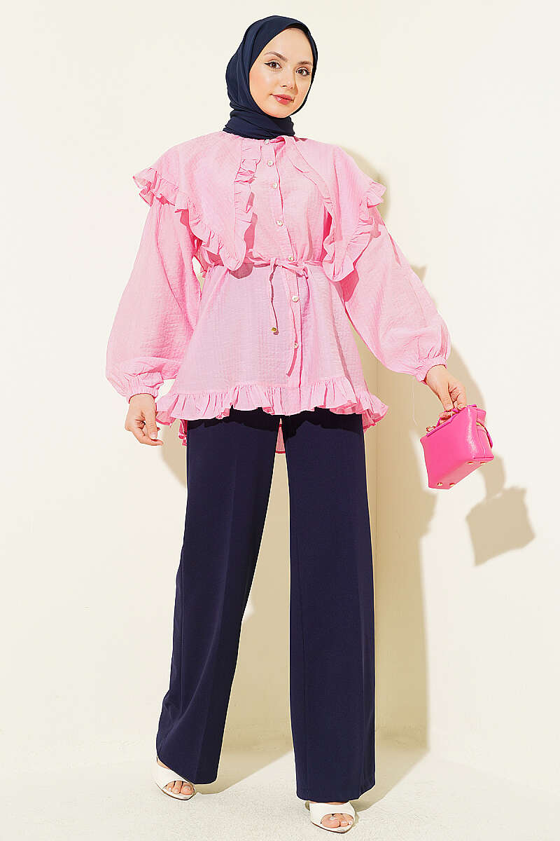 Ruffled Sailor Collar Tie Belt Shirt Pink – Bild 2