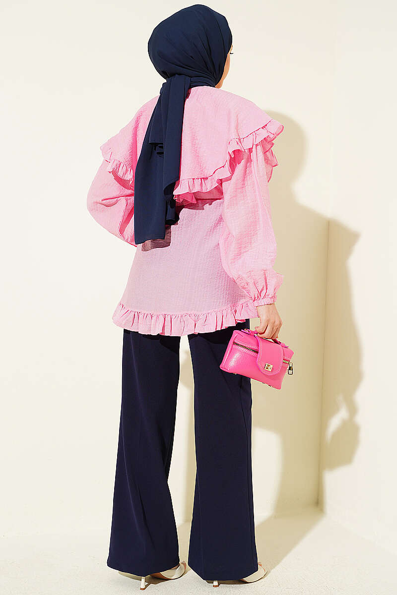 Ruffled Sailor Collar Tie Belt Shirt Pink – Bild 3