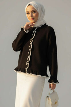 Ruffled Pearl Button Knit Cardigan Black