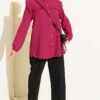 Ruffled Stone Buttoned Cuff Elastic Hem Shirt Burgundy – Bild 2