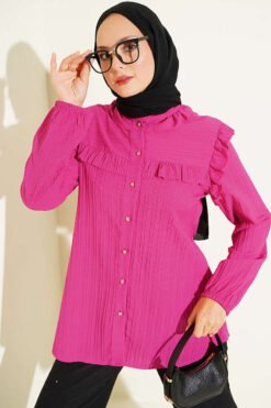 Ruffled Stone Buttoned Cuff Elastic Hem Shirt Fuchsia