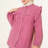 Ruffled Stone Buttoned Cuff Elastic Hem Shirt Rose Dust