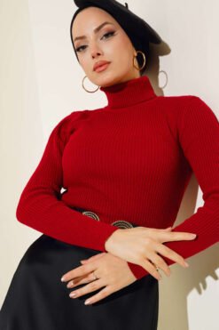 Alternative view of Ribbed Turtleneck Knit Sweater Red
