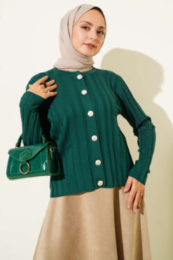 Ribbed Button-Up Knit Cardigan Oil Green