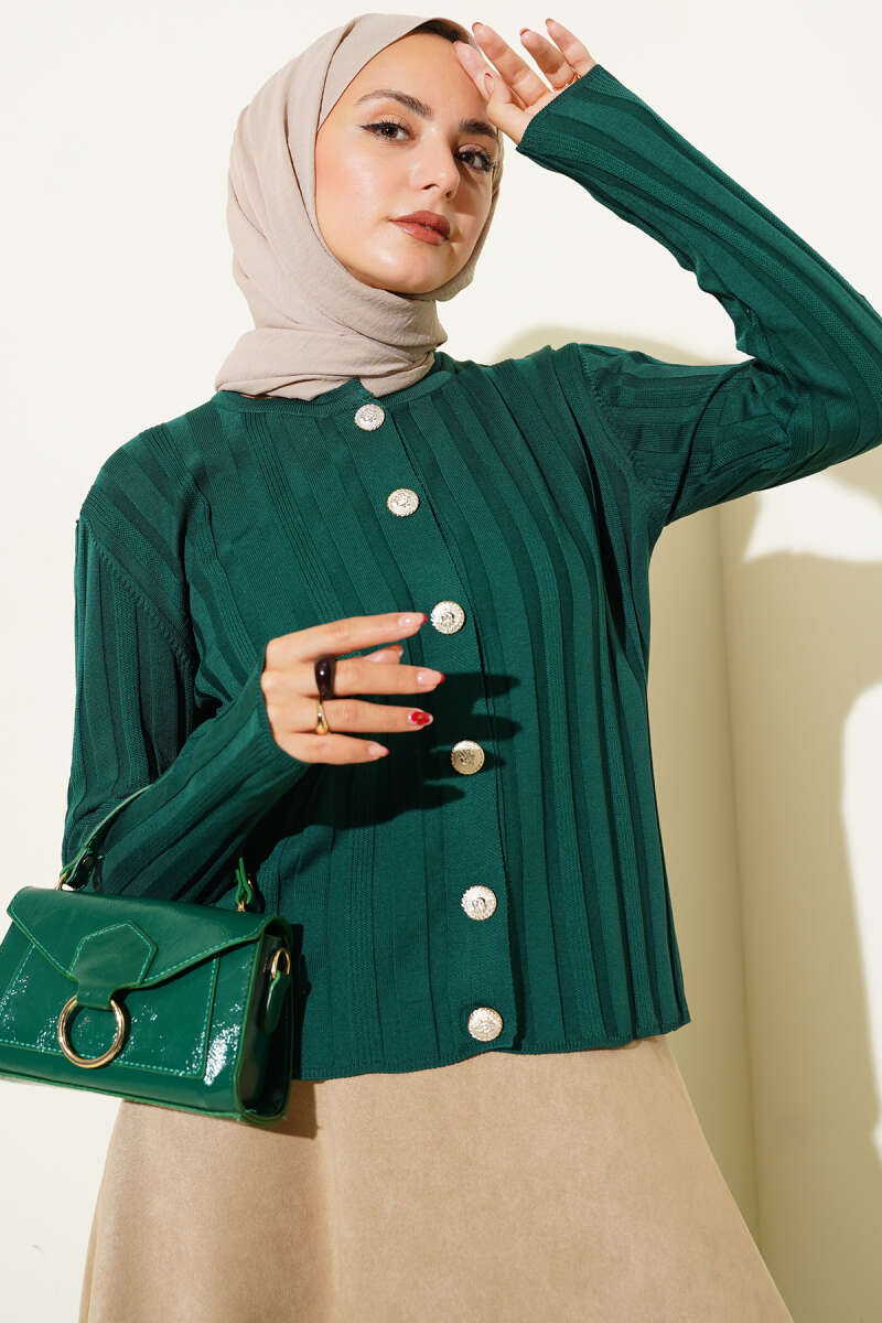 Ribbed Button-Up Knit Cardigan Oil Green – Image 2
