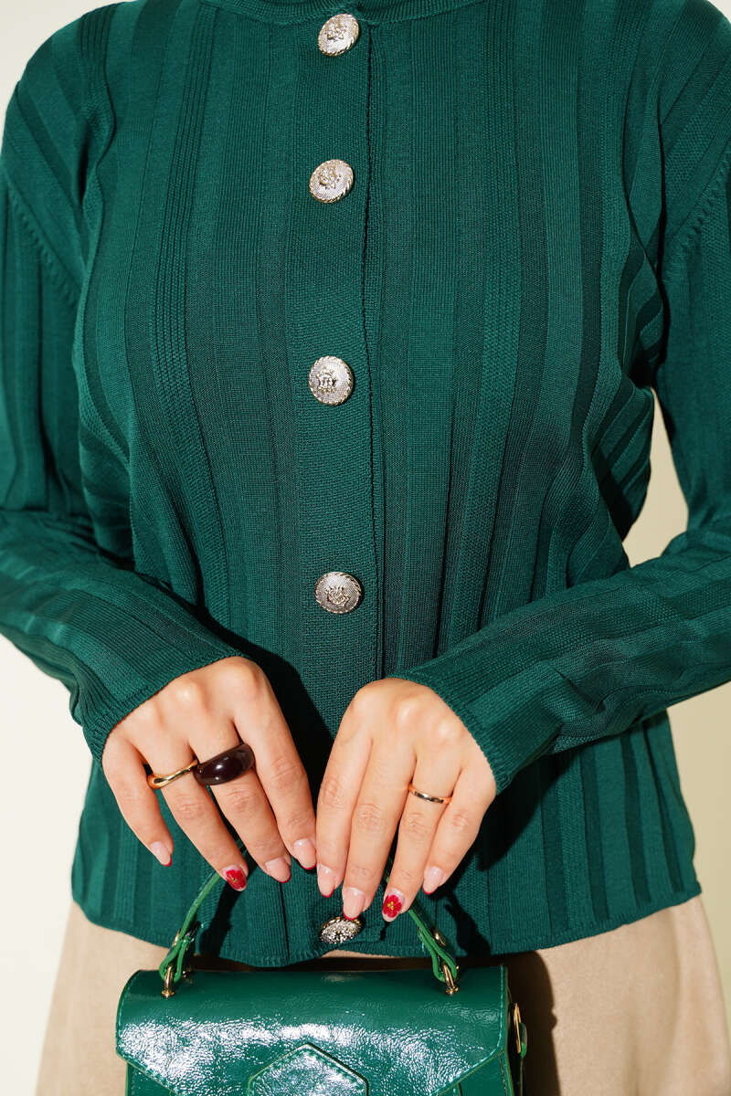Ribbed Button-Up Knit Cardigan Oil Green – Image 4
