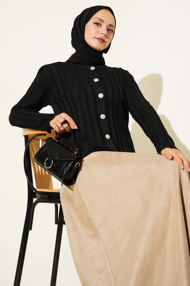 Ribbed Button-Up Knit Cardigan Black