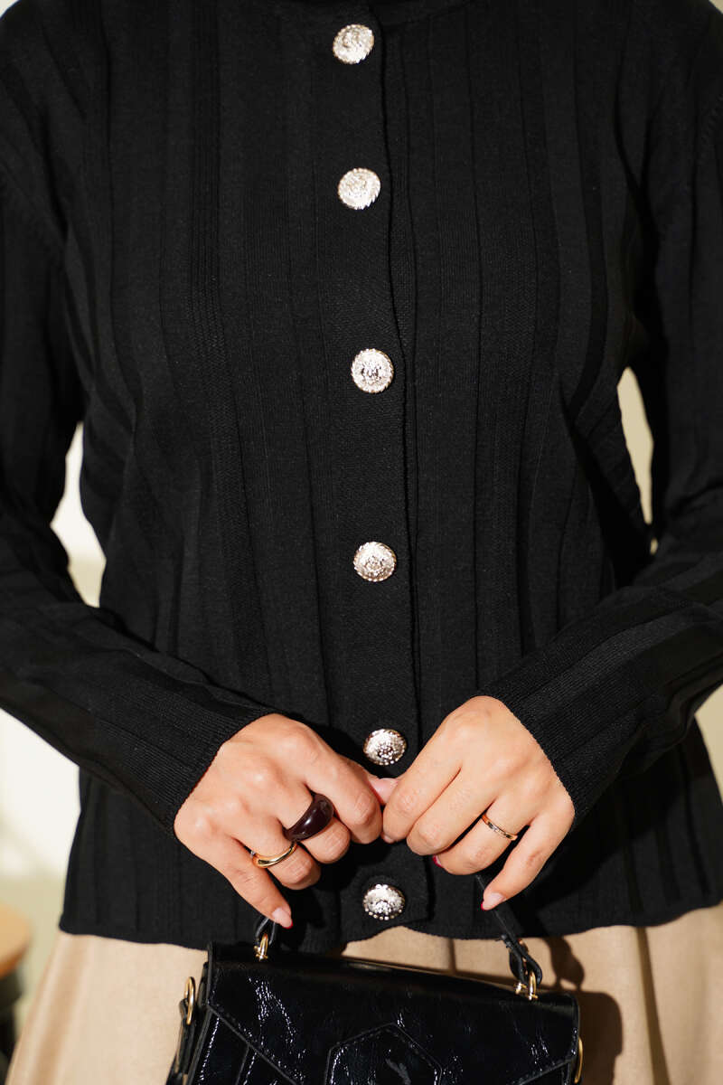 Ribbed Button-Up Knit Cardigan Black - immagine 4