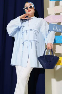 Buttoned Kimono with Bow Detail Blue