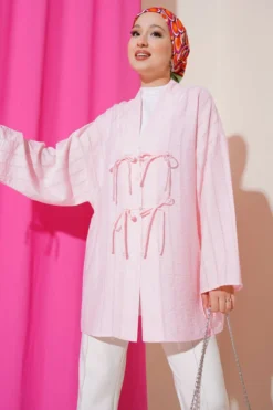 Buttoned Kimono with Bow Detail Pink