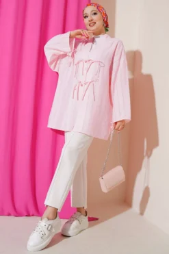Alternatieve weergave van Buttoned Kimono with Bow Detail Pink