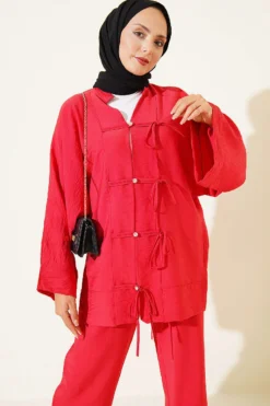 Alternative view of Bow Detail Kimono Set Red