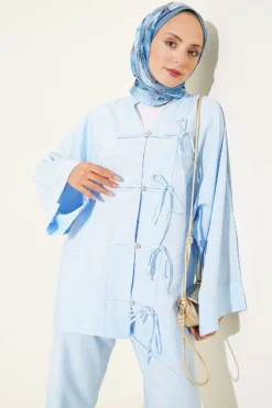 Alternative view of Bow Detail Kimono Set Blue