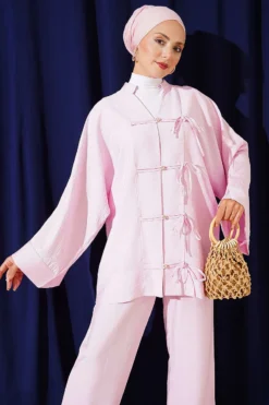 Alternative view of Bow Detail Kimono Set Pink