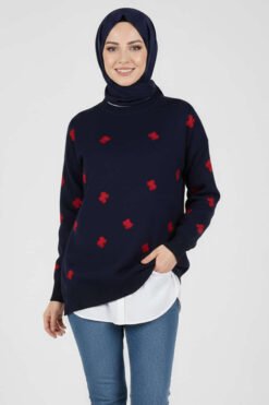 Bow Embellished Knit Sweater Navy Blue