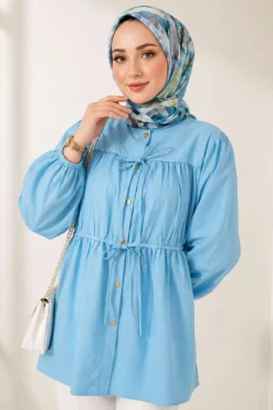 Bow-Tied Gathered Blouse Blue