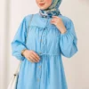 Bow-Tied Gathered Blouse Blue - immagine 2
