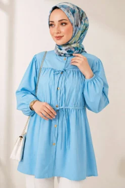 Alternative view of Bow-Tied Gathered Blouse Blue
