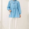 Bow-Tied Gathered Blouse Blue - immagine 3