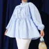 Bow-Tied Gathered Blouse Blue - immagine 5