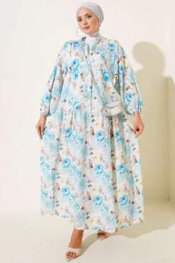 Buttoned Floral Print Dress Blue