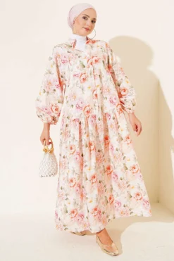 Buttoned Floral Print Dress Pink