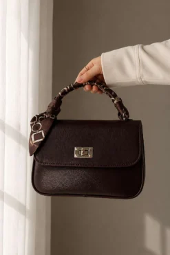 Patterned Scarf Design Women's Handbag with Gold Lock Closure Dark Brown