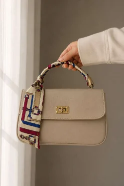 Patterned Scarf Design Women's Handbag with Gold Lock Closure Beige