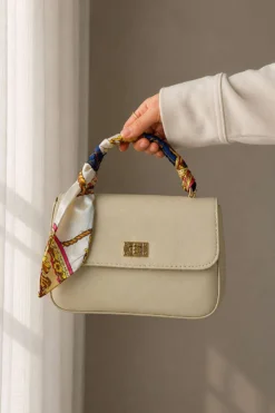 Patterned Scarf Design Women's Handbag with Gold Lock Closure Cream